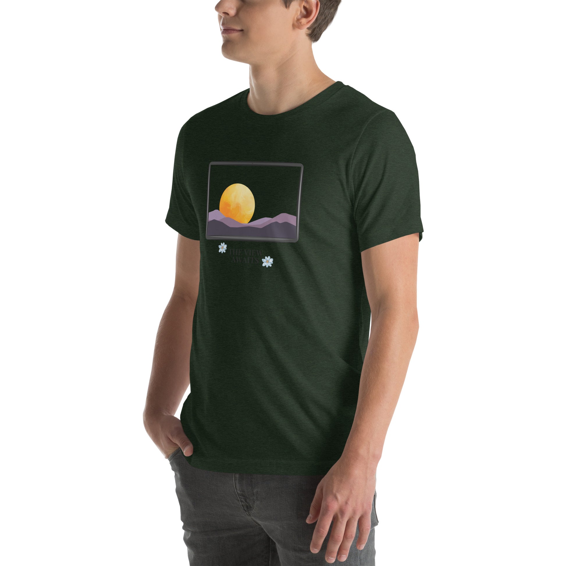 Image 15 of Heather Emerald Avenor T-Shirt, size 2XL, with The View Awaits artwork visible in front view, left-side angle.