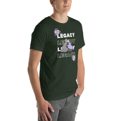 Image 26 of Navy Heirloom T-Shirt - Left Placement, size XL, with Legacy artwork visible in front view, right-side angle.