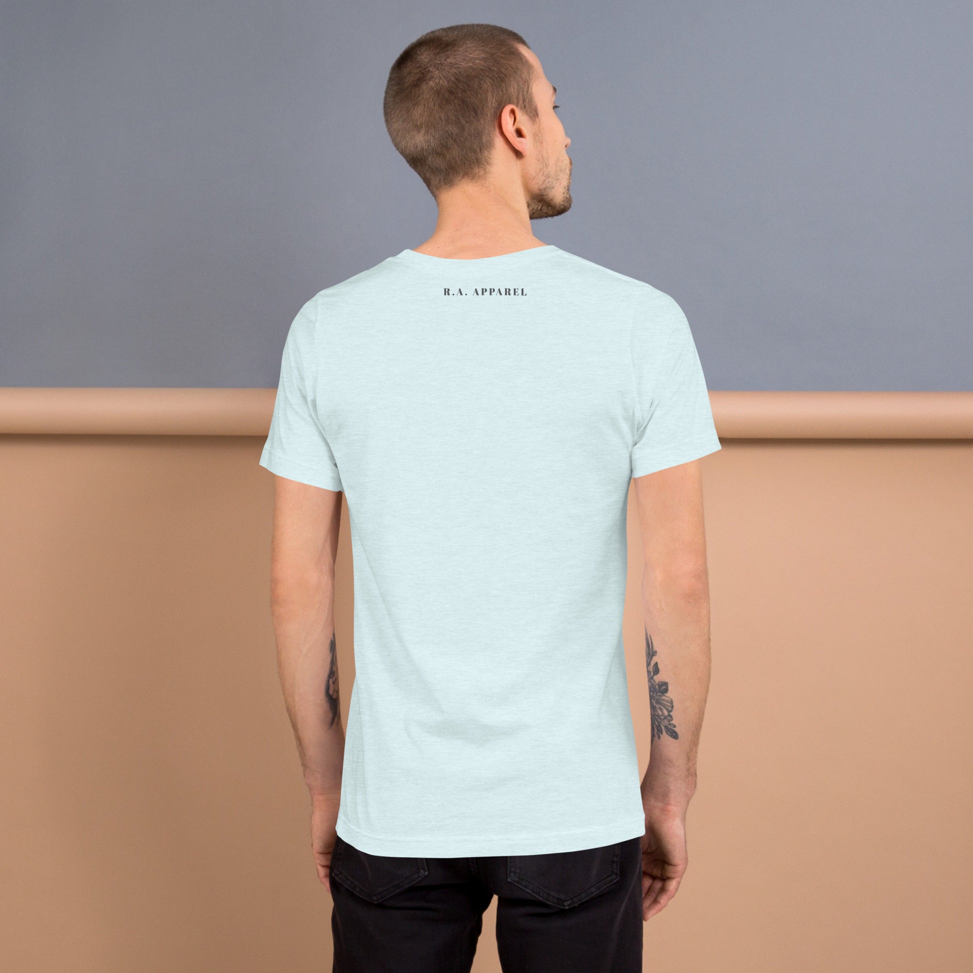 Fortitude T-Shirt - Left Placement 75 image 36: Heather Dust version, size S with back view of the Soldier On range.