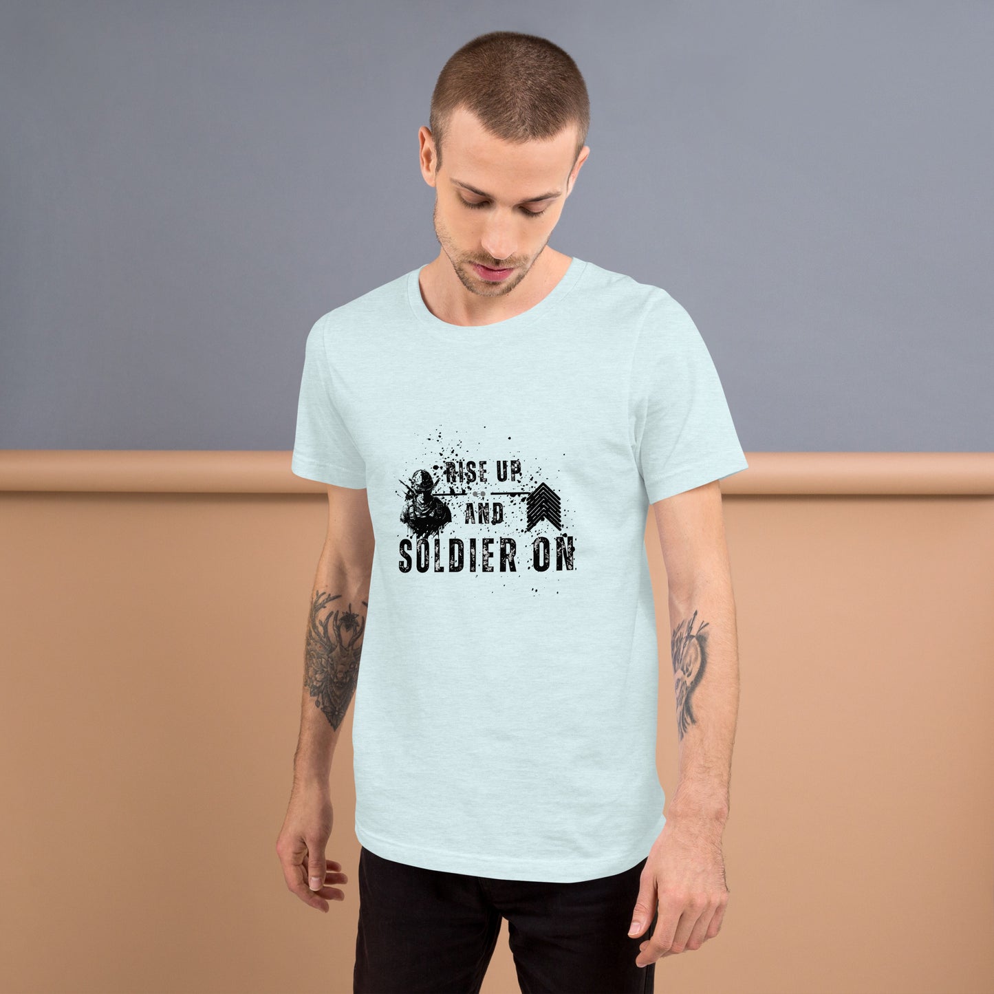 Image 35 of Yellow Fortitude T-Shirt - Left Placement 75, size 2XL, with Soldier On artwork visible in front view.