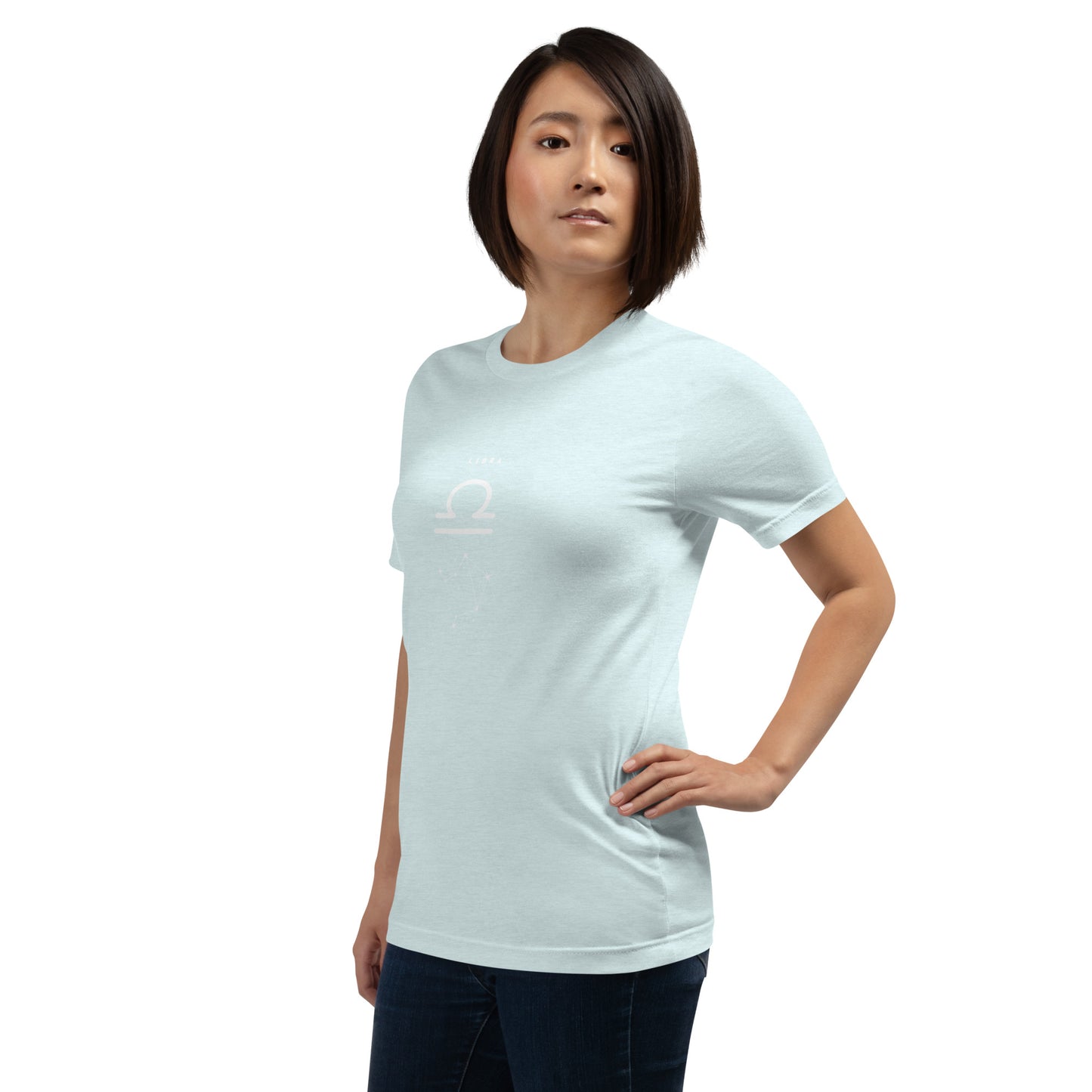 Image 118 of selected colour Balance Court T-Shirt - Left Placement, with Libra artwork visible in front view, left-side angle.
