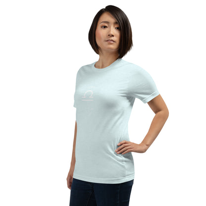Image 118 of selected colour Balance Court T-Shirt - Left Placement, with Libra artwork visible in front view, left-side angle.