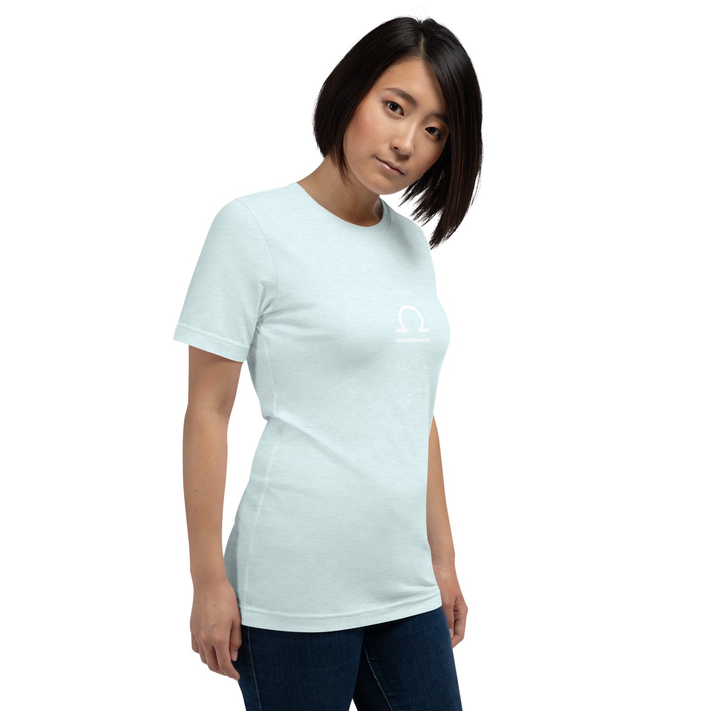 Image 116 of selected colour Balance Court T-Shirt - Left Placement, with Libra artwork visible in front view, right-side angle.