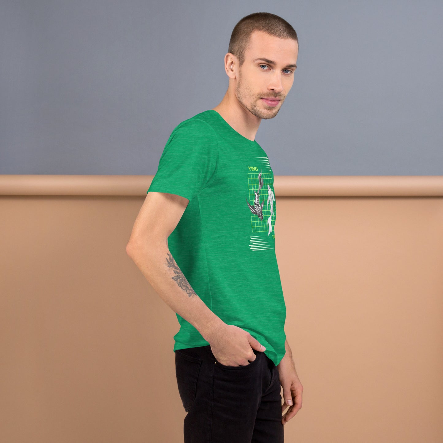 Equinoxe T-Shirt image 40 in Berry, size 2XL, showing right-side angle for the Ying and Yang design.