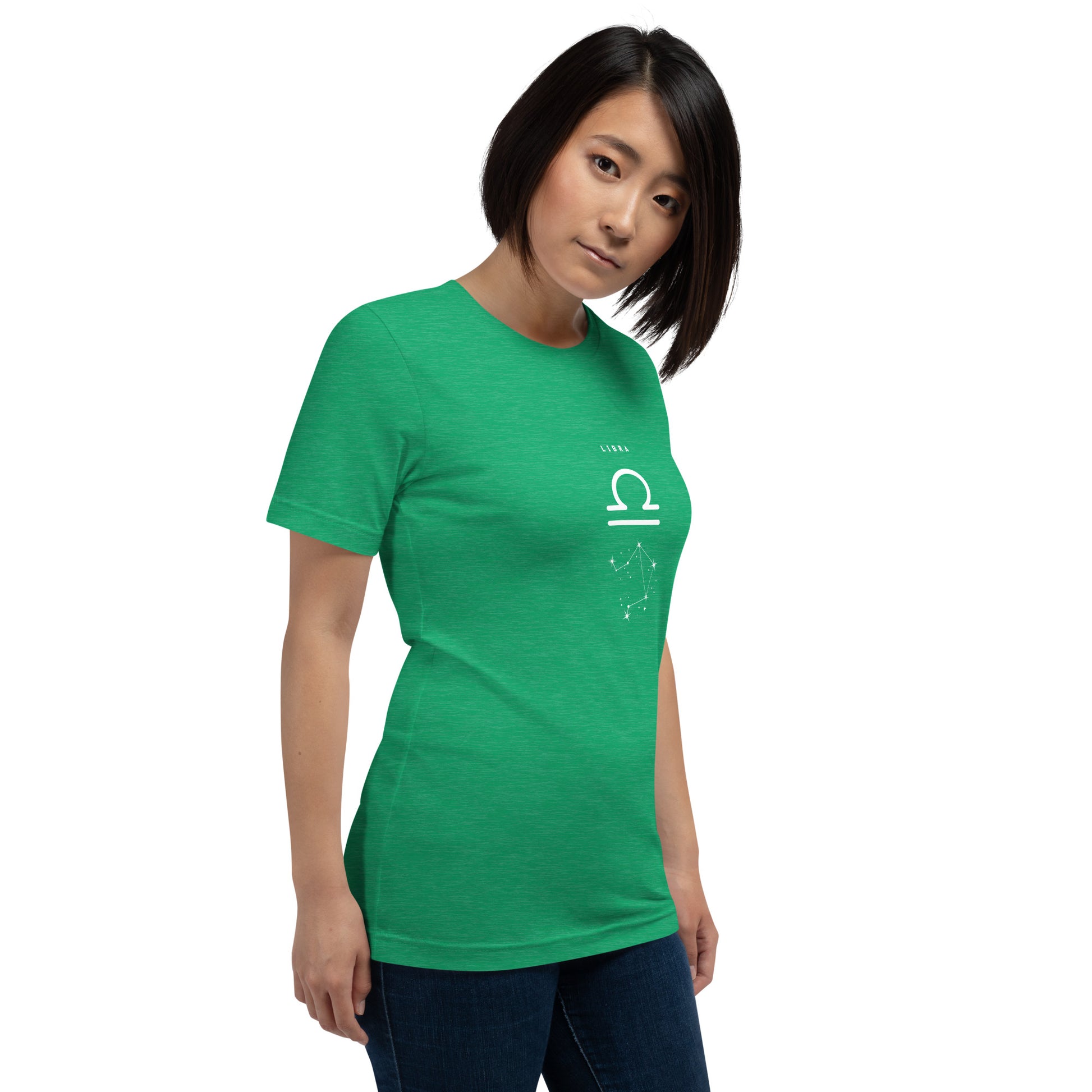 Image 38 of Mauve Balance Court T-Shirt - Left Placement, size L, with Libra artwork visible in front view, right-side angle.