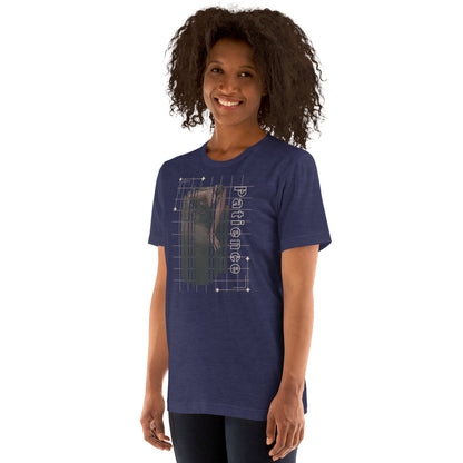 Image 21 of Oxblood Black Stillwater T-Shirt - Left Placement, size 4XL, with Patience artwork visible in front view, left-side angle.