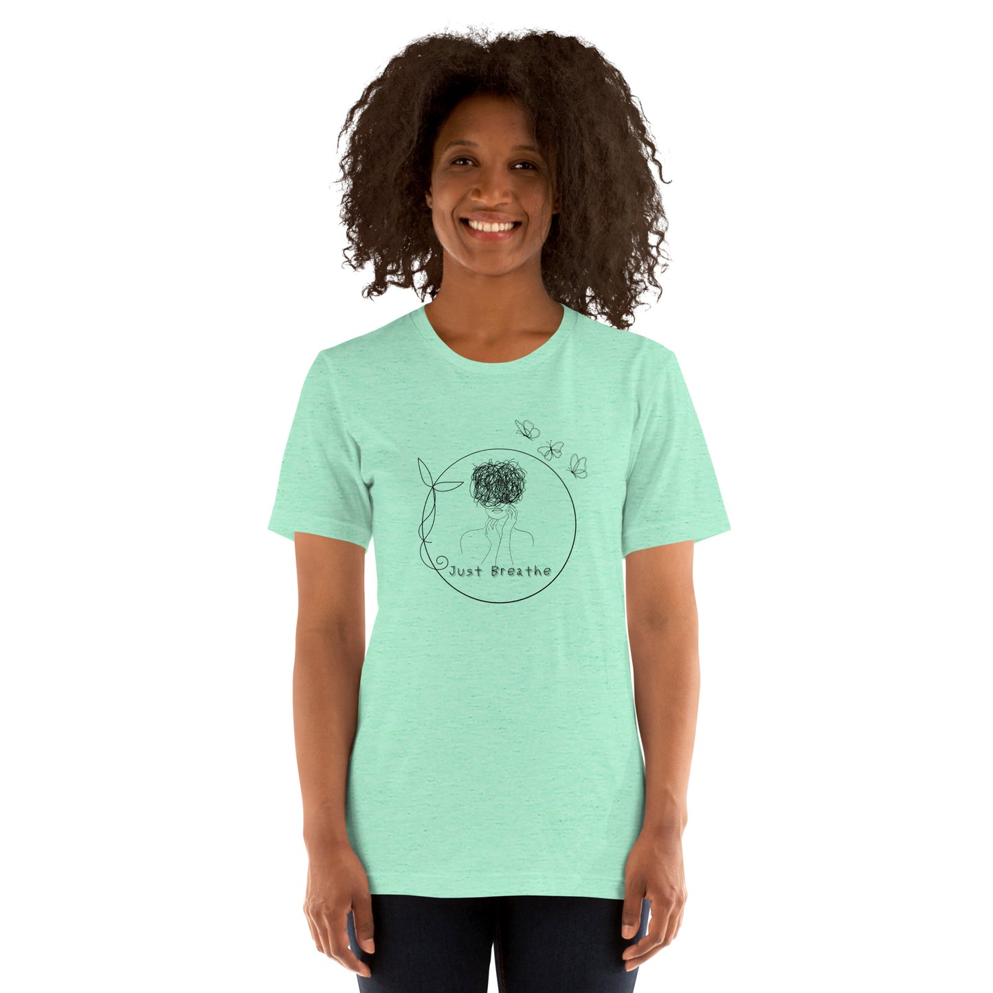 Breathing Room T-Shirt - Left Placement image 26: Athletic Heather version, size 2XL with front view of the Just Breathe range.