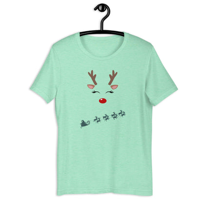 Northern Run T-Shirt - Left Placement image 29: Ocean Blue version, size L with front view of the Reindeer range.