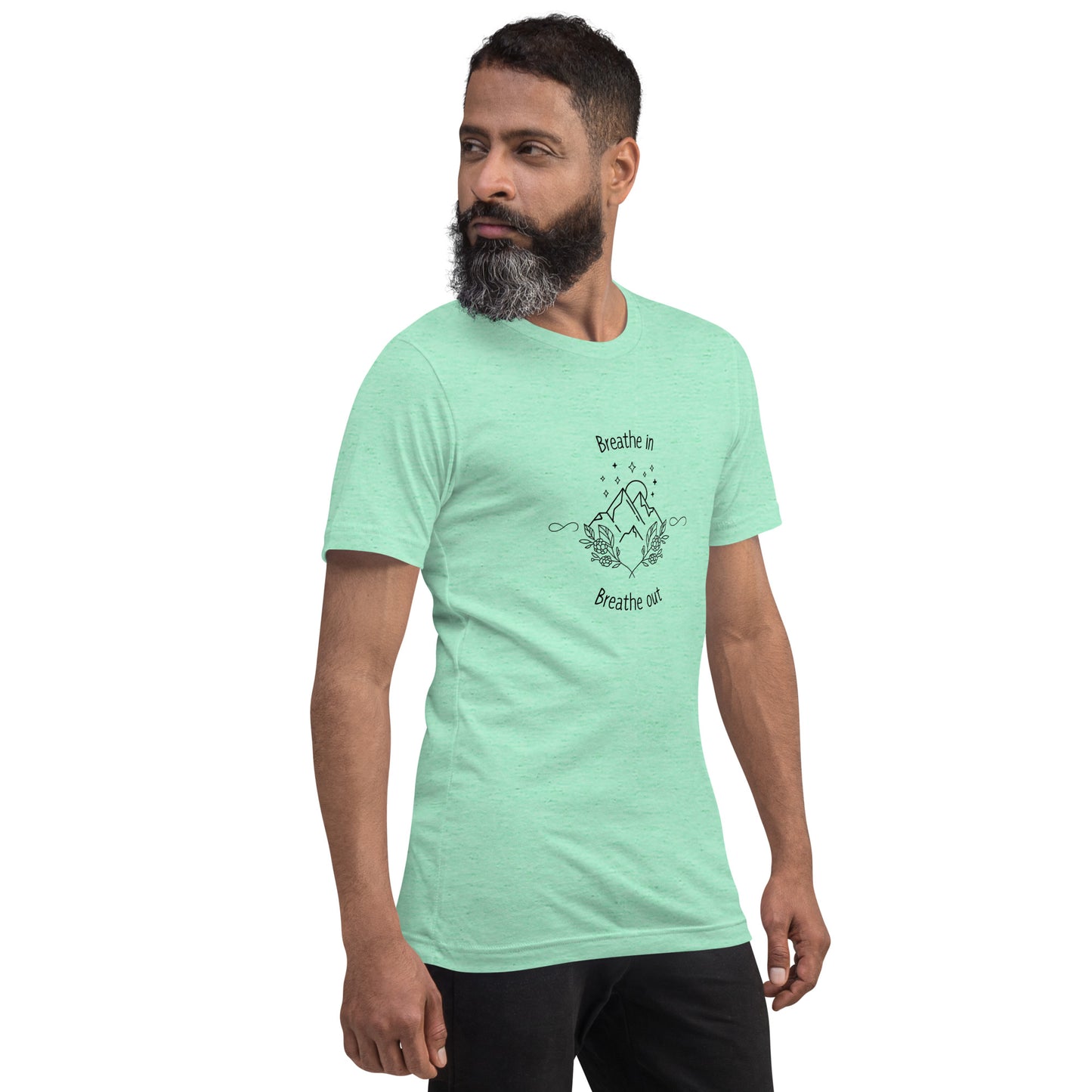 Exhale T-Shirt - Left Placement product image 28 in Heather Dust, size S, with front view, right-side angle and left placement.