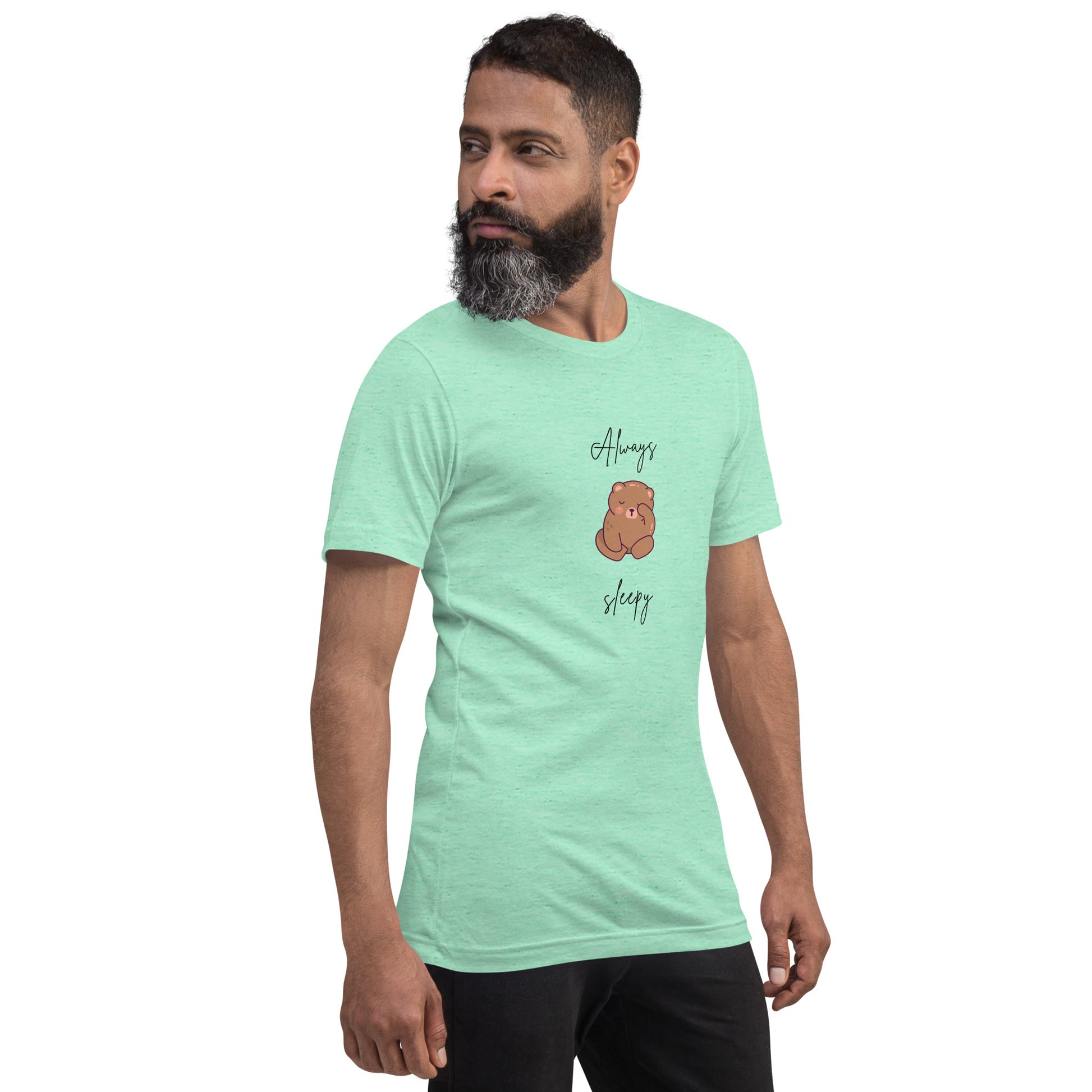 Nightcall T-Shirt - Left Placement image 32: Yellow version, size XL with front view, right-side angle of the Always Sleepy range.