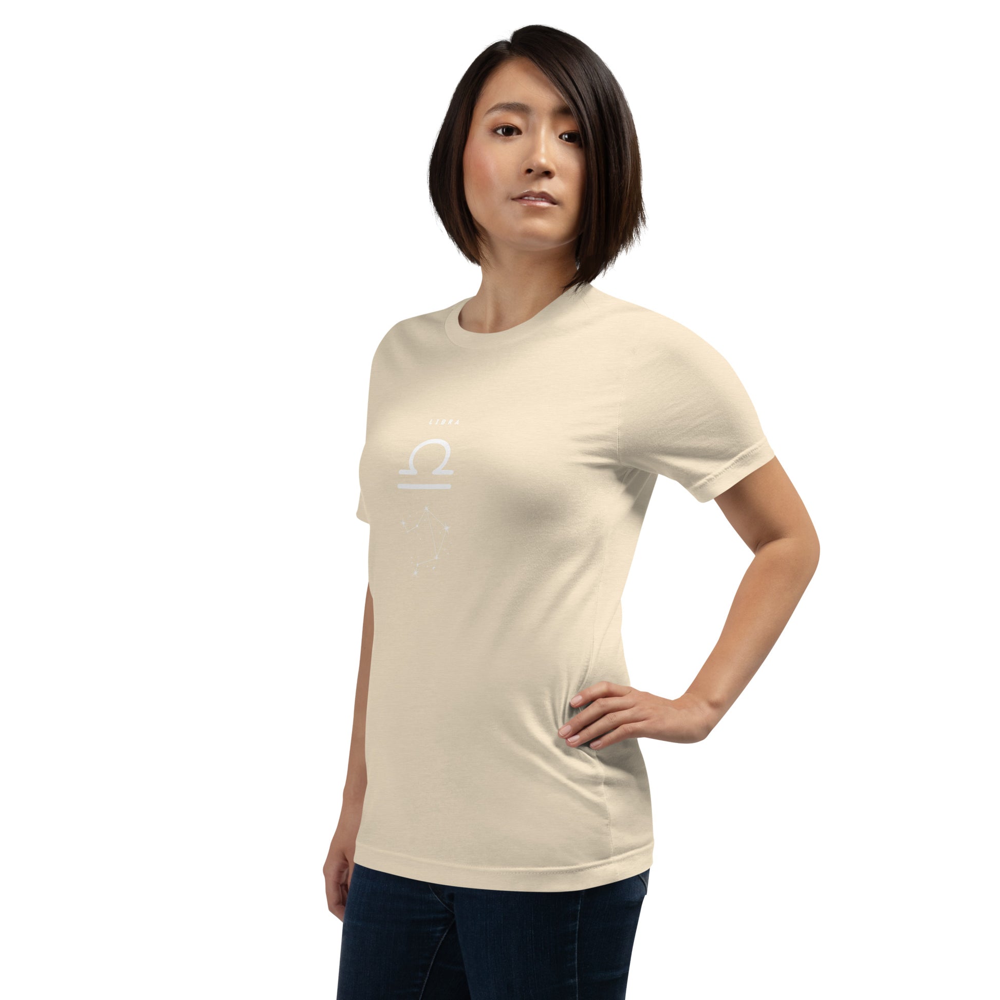 Balance Court T-Shirt - Left Placement image 94: Vintage White version, size XL with front view, left-side angle of the Libra range.
