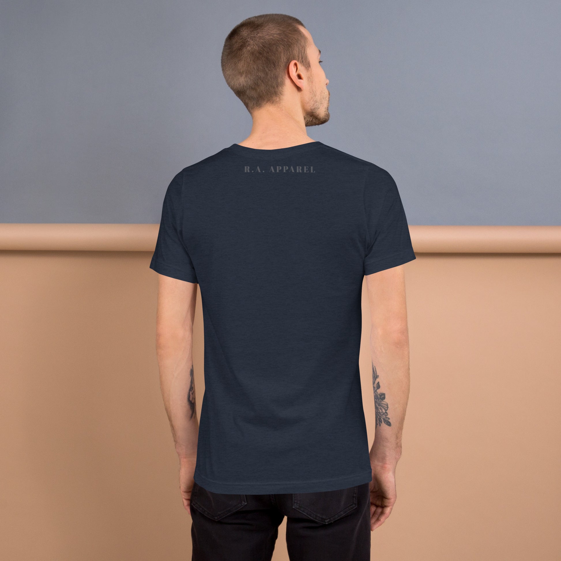 Moonhaven T-Shirt by R.A. Apparel, image 54, back view, Heather Midnight Navy, size XL, design placement.