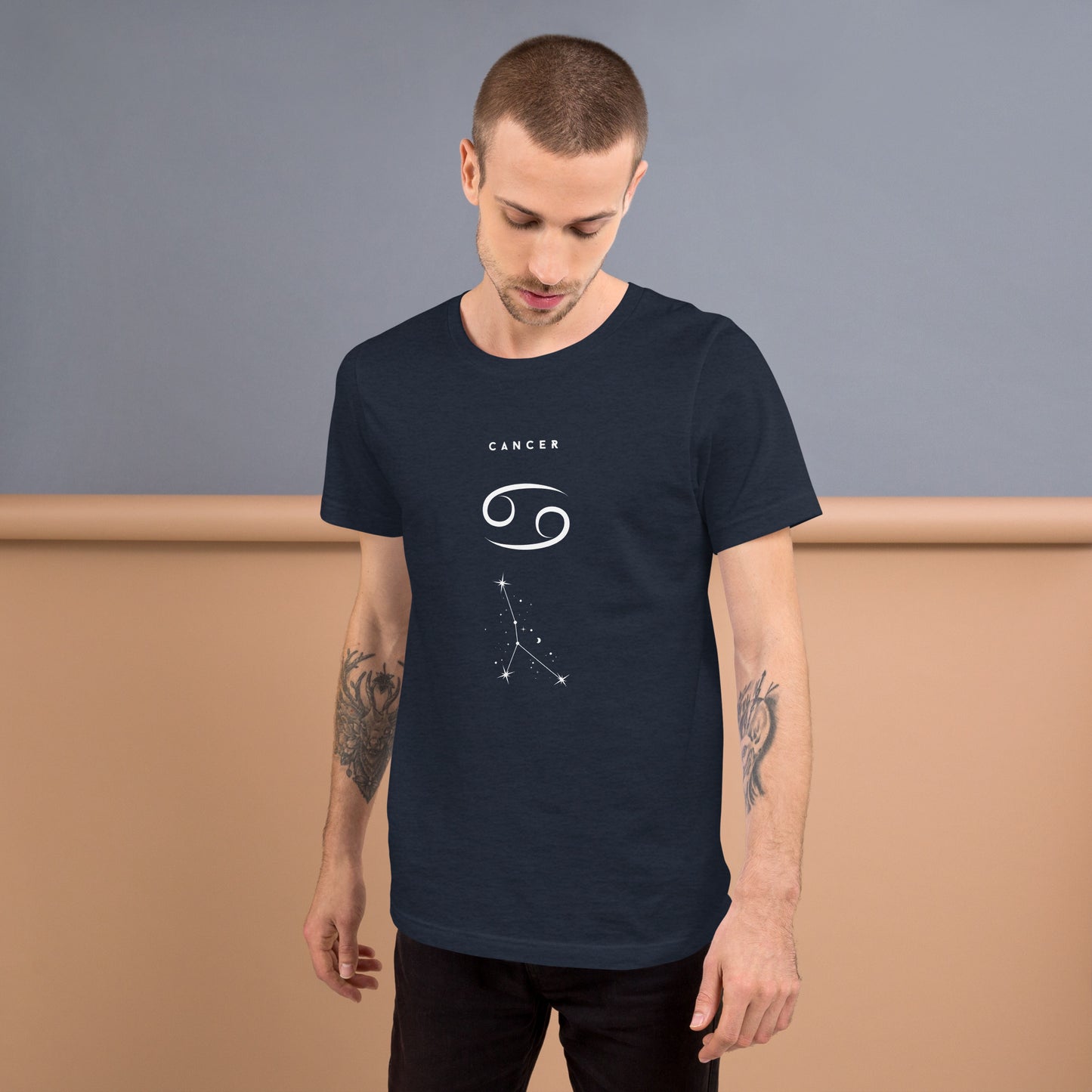Moonhaven T-Shirt image 53 in Heather Midnight Navy, size L, showing front view for the Cancer design.