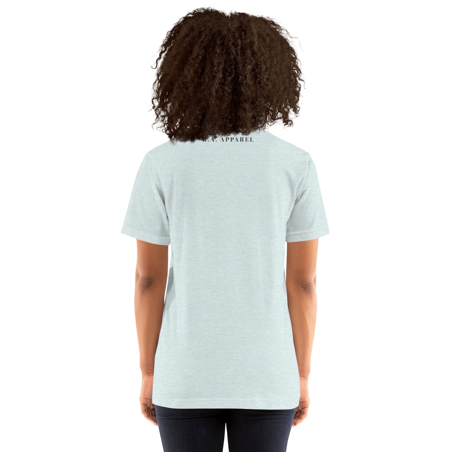 Breathing Room T-Shirt - Left Placement image 29: Light Blue version, size S with back view of the Just Breathe range.