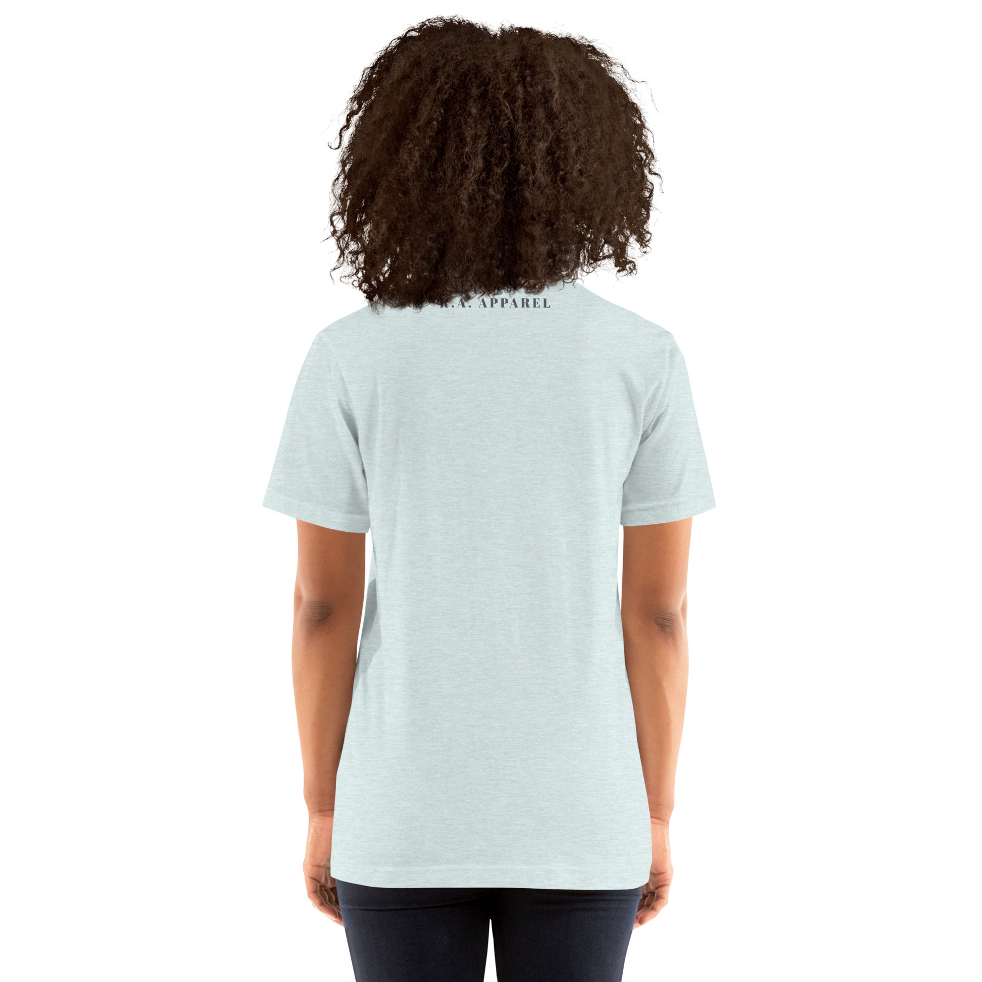 Breathing Room T-Shirt - Left Placement image 29: Light Blue version, size S with back view of the Just Breathe range.