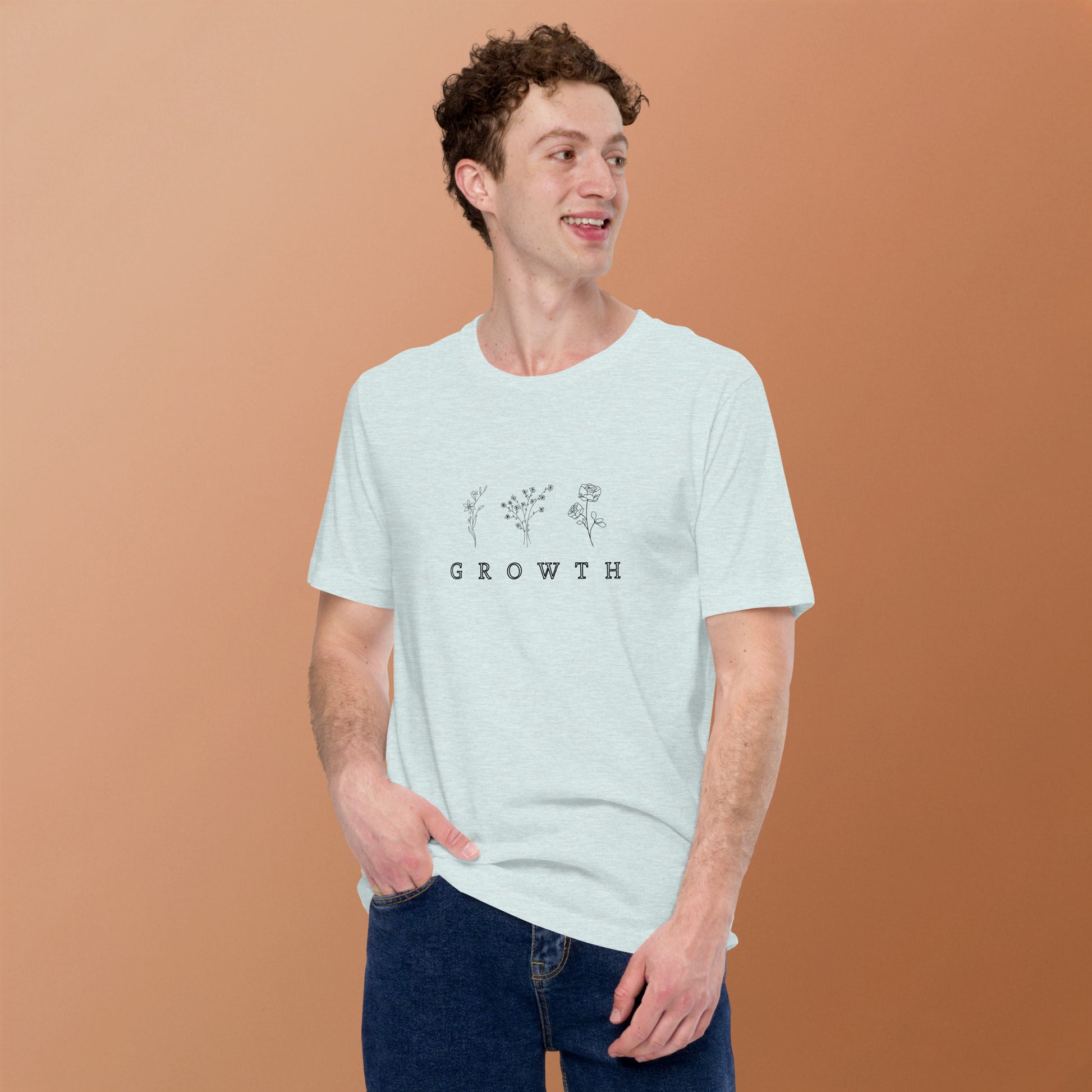 Image 34 of Heather Prism Ice Blue Growthline T-Shirt - Left Placement, size M, with Growth artwork visible in front view.