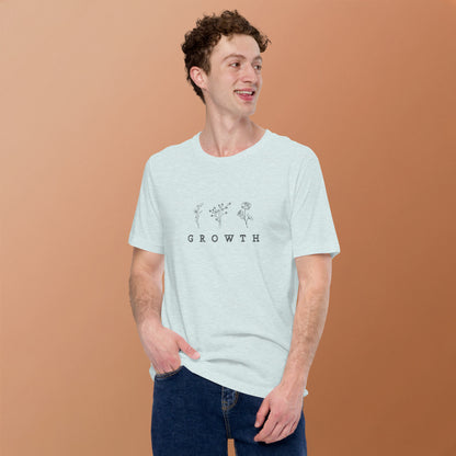 Image 34 of Heather Prism Ice Blue Growthline T-Shirt - Left Placement, size M, with Growth artwork visible in front view.