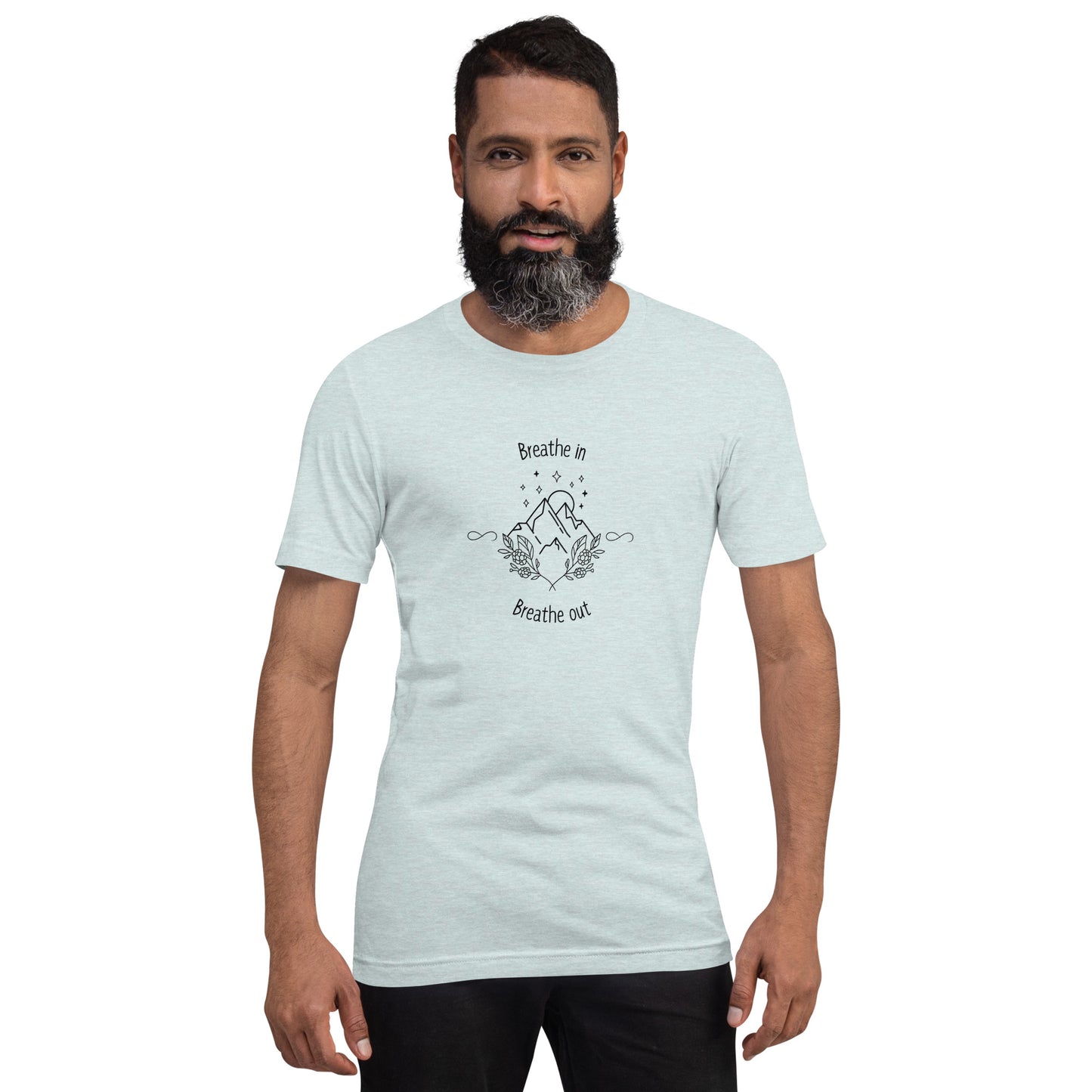 Exhale T-Shirt - Left Placement image 29 in Heather Dust, size M, showing front view for the Breathe in and Breathe Out design.