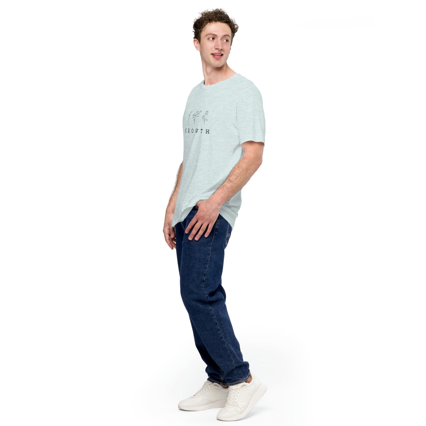 Image 32 of Heather Prism Ice Blue Growthline T-Shirt - Left Placement, size XS, with Growth artwork visible in front view, left-side angle.