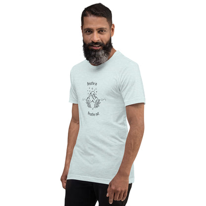 Exhale T-Shirt - Left Placement image 31 in Heather Dust, size XL, showing front view, left-side angle for the Breathe in and Breathe Out design.
