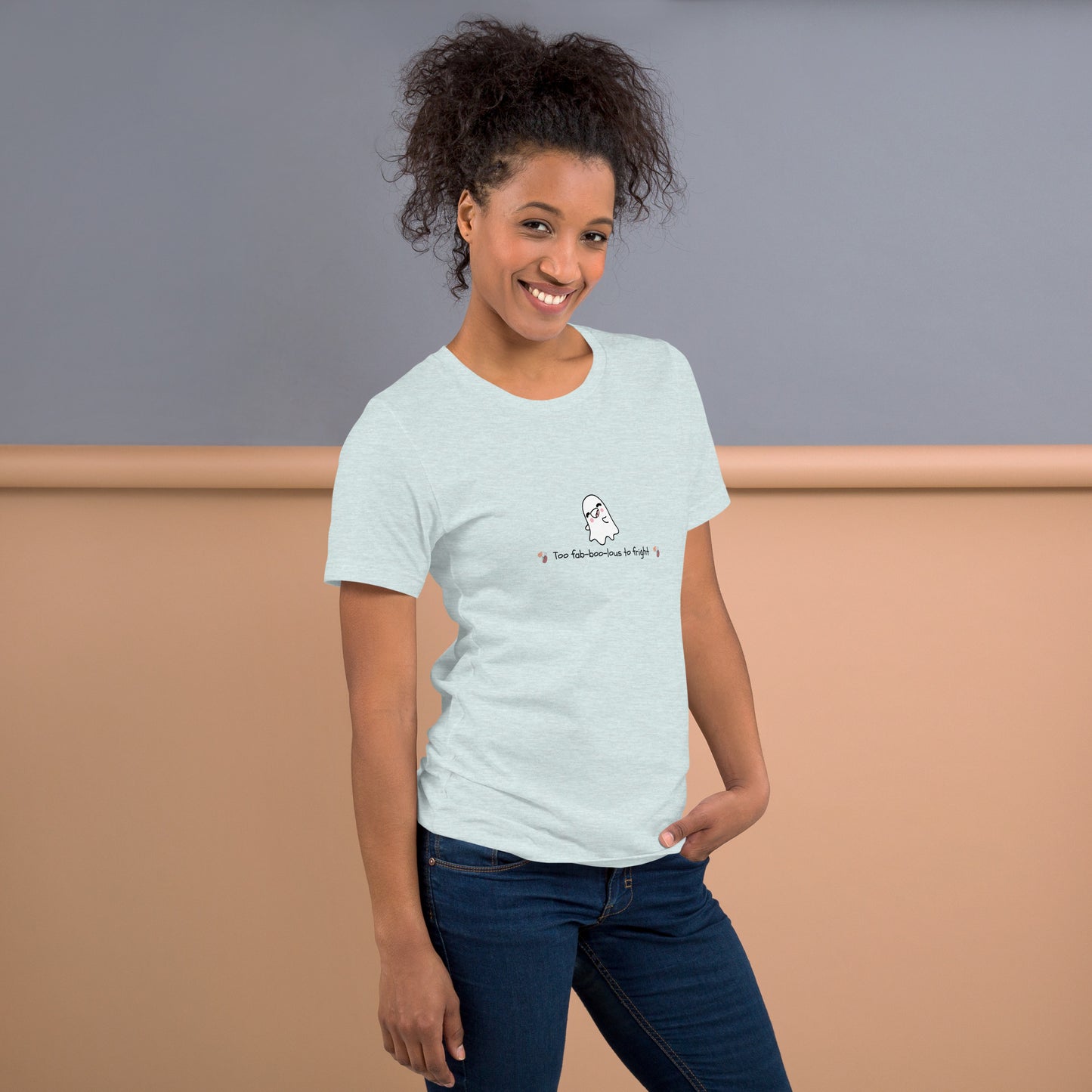 Boo Luxe T-Shirt - Left Placement product image 29 in Heather Dust, size S, with right-side angle and left placement.