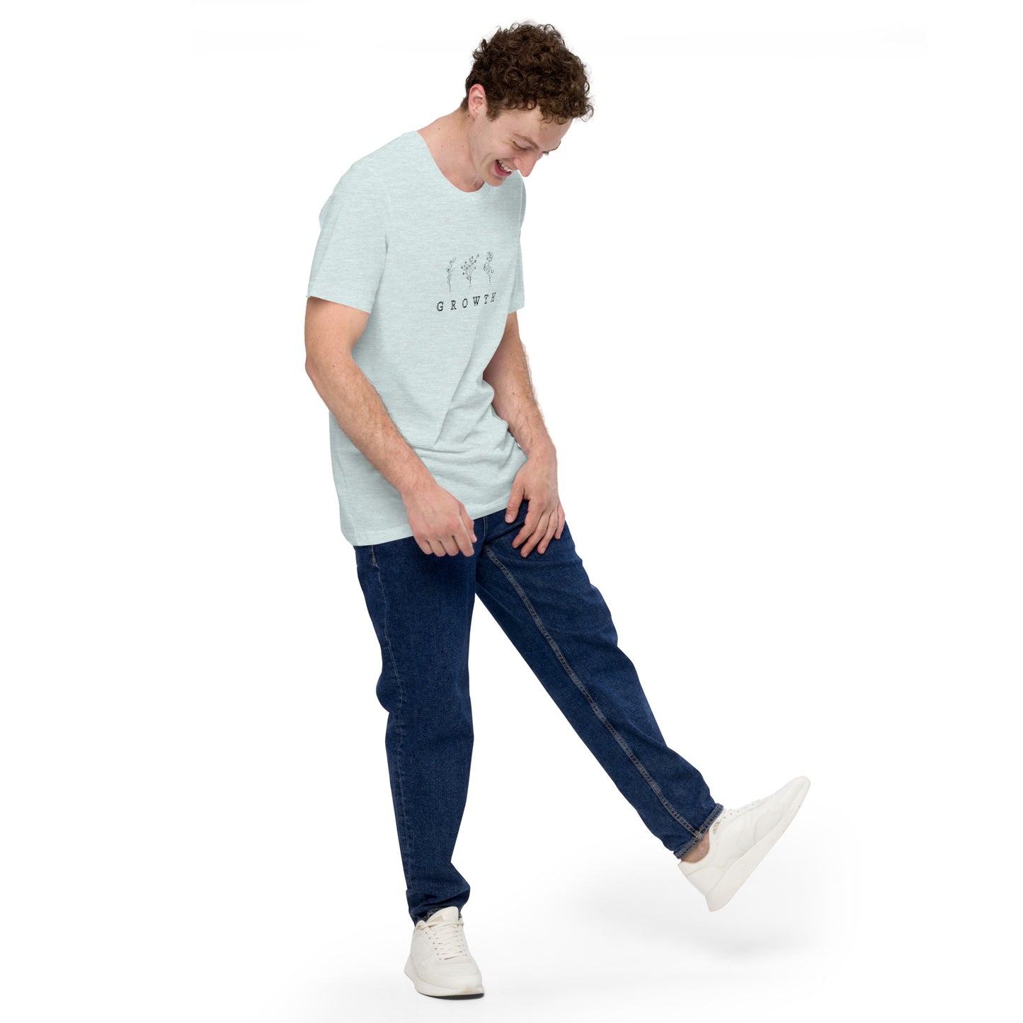 Growthline T-Shirt - Left Placement image 31: Heather Dust version, size XL with front view, right-side angle of the Growth range.