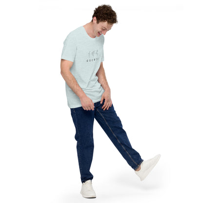 Growthline T-Shirt - Left Placement image 31: Heather Dust version, size XL with front view, right-side angle of the Growth range.