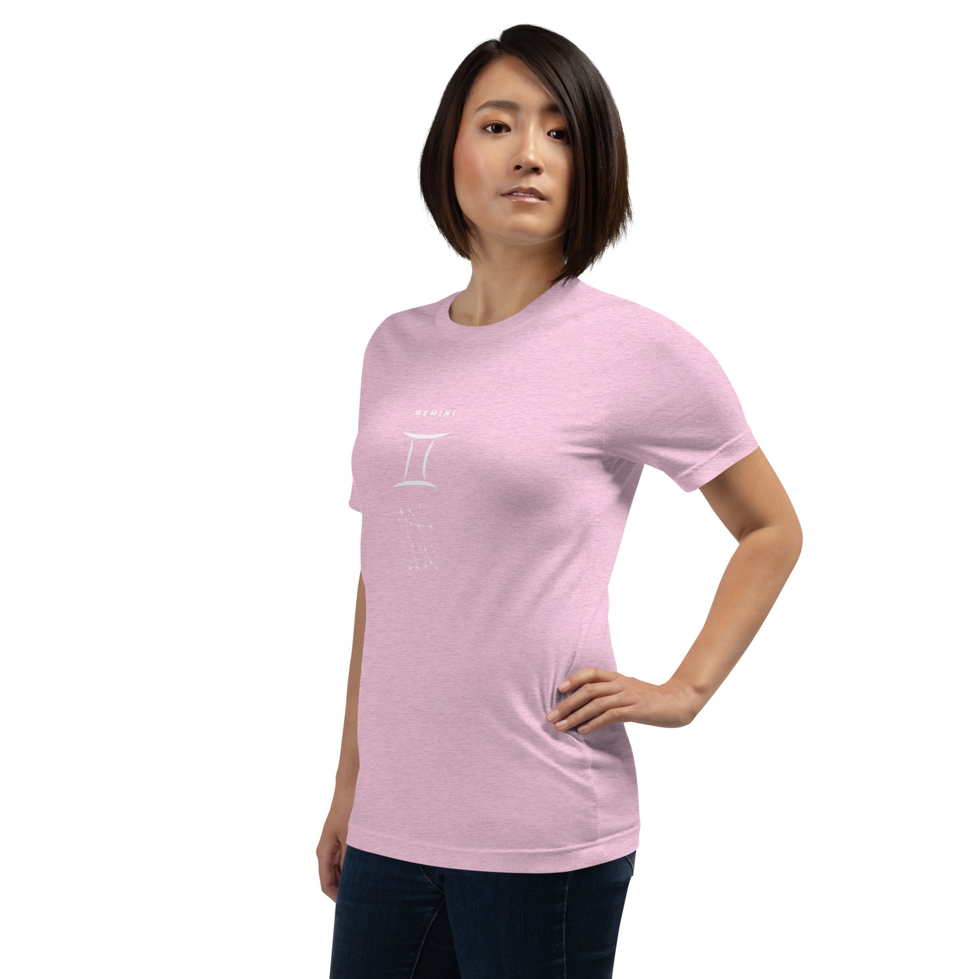 Image 82 of Lilac Twin Signal T-Shirt - Left Placement, size L, with Gemini artwork visible in front view, left-side angle.