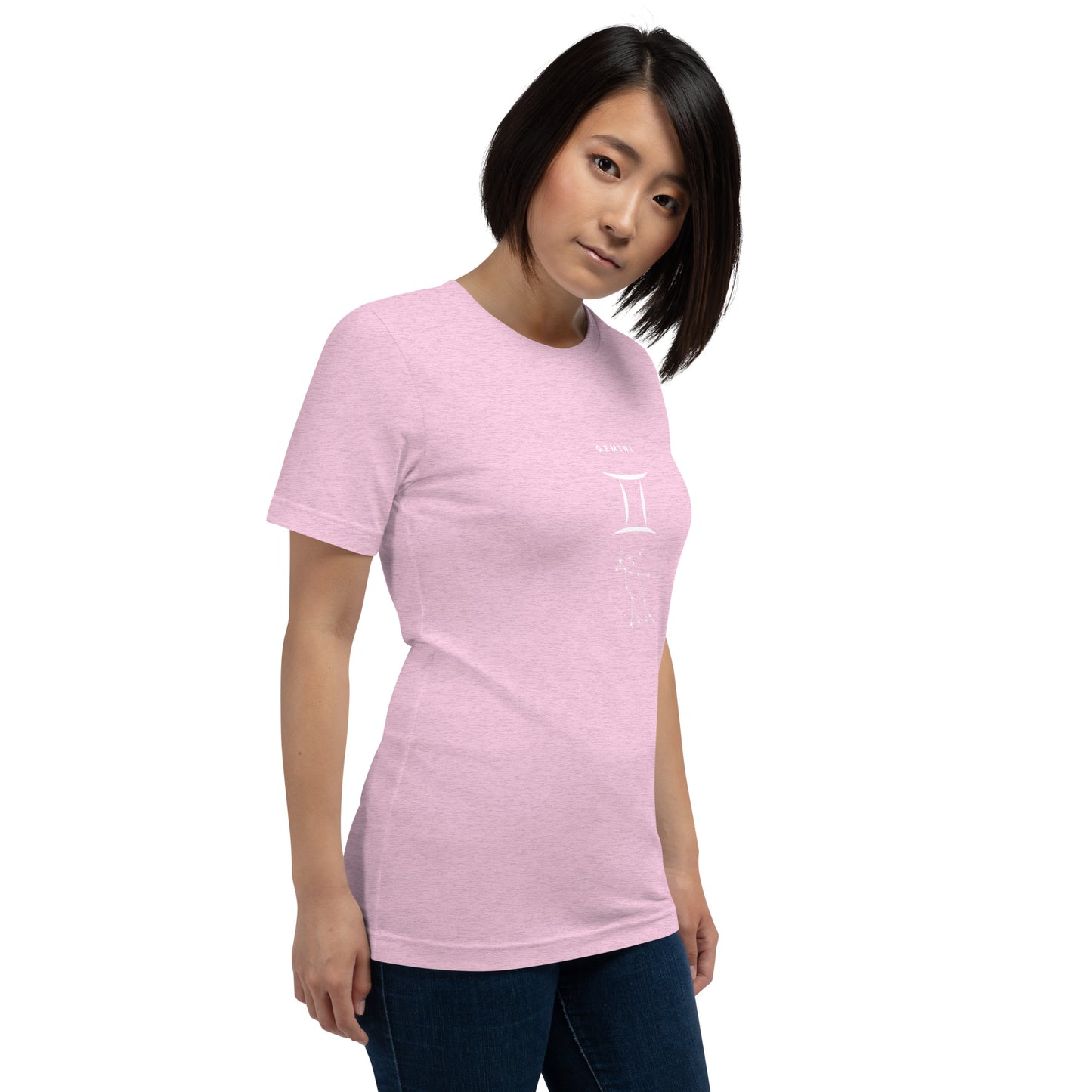 Twin Signal T-Shirt - Left Placement image 80: Lilac version, size S with front view, right-side angle of the Gemini range.