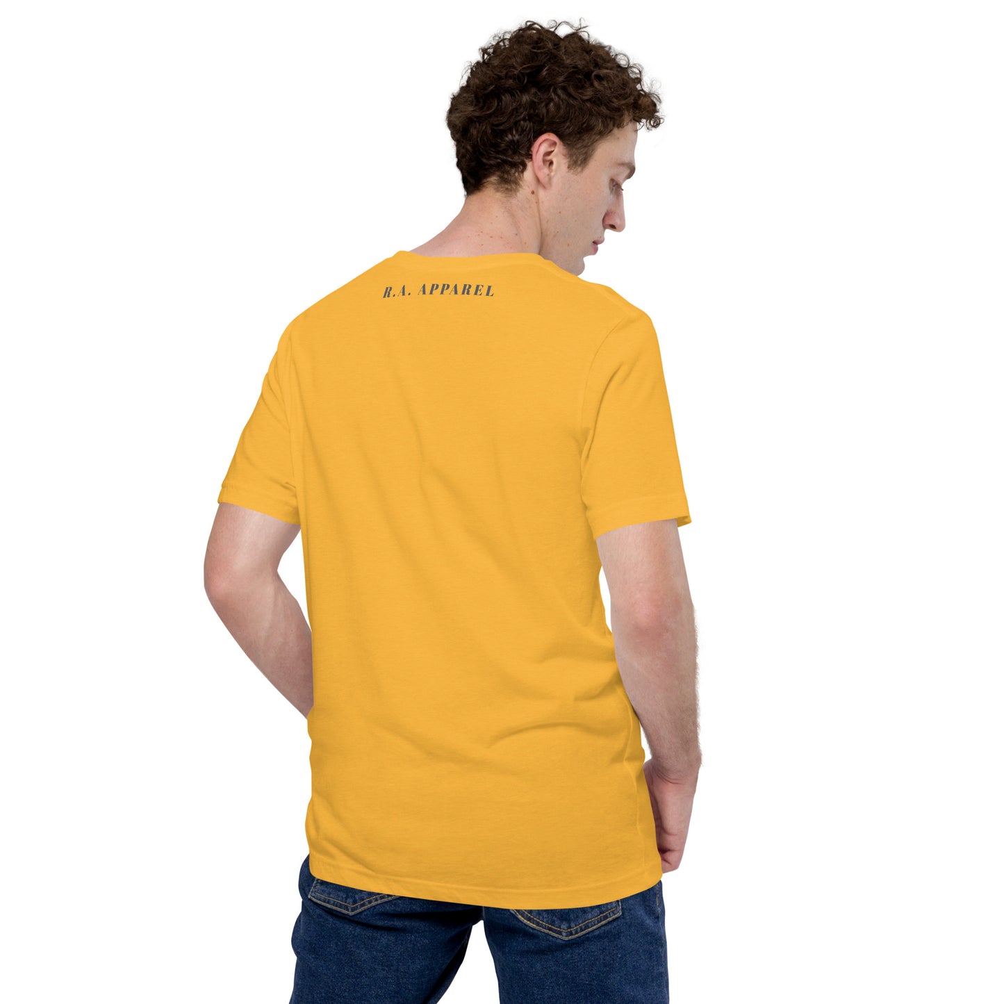 Image 81 of Heather Yellow Gold Quacksy T-Shirt, size S, with Hello Duck artwork visible in back view.
