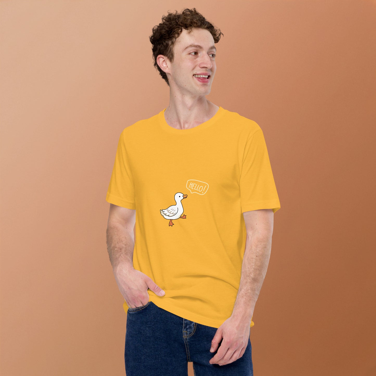 Quacksy T-Shirt image 85 in Heather Yellow Gold, size 2XL, showing front view for the Hello Duck design.