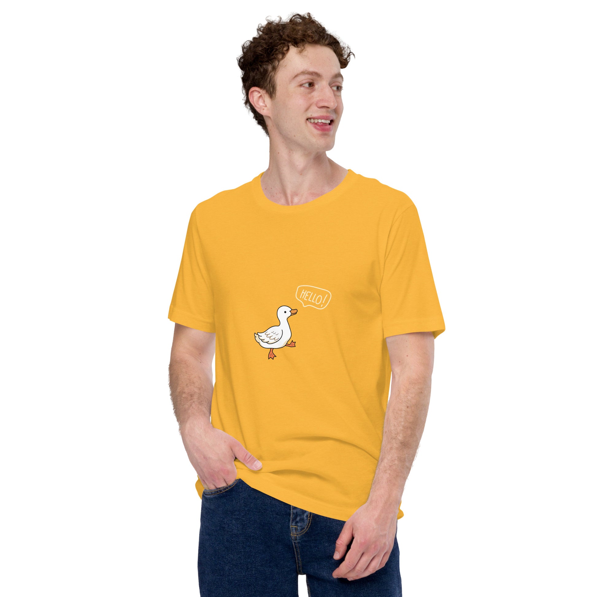Quacksy T-Shirt image 84: Heather Yellow Gold version, size XL with front view of the Hello Duck range.