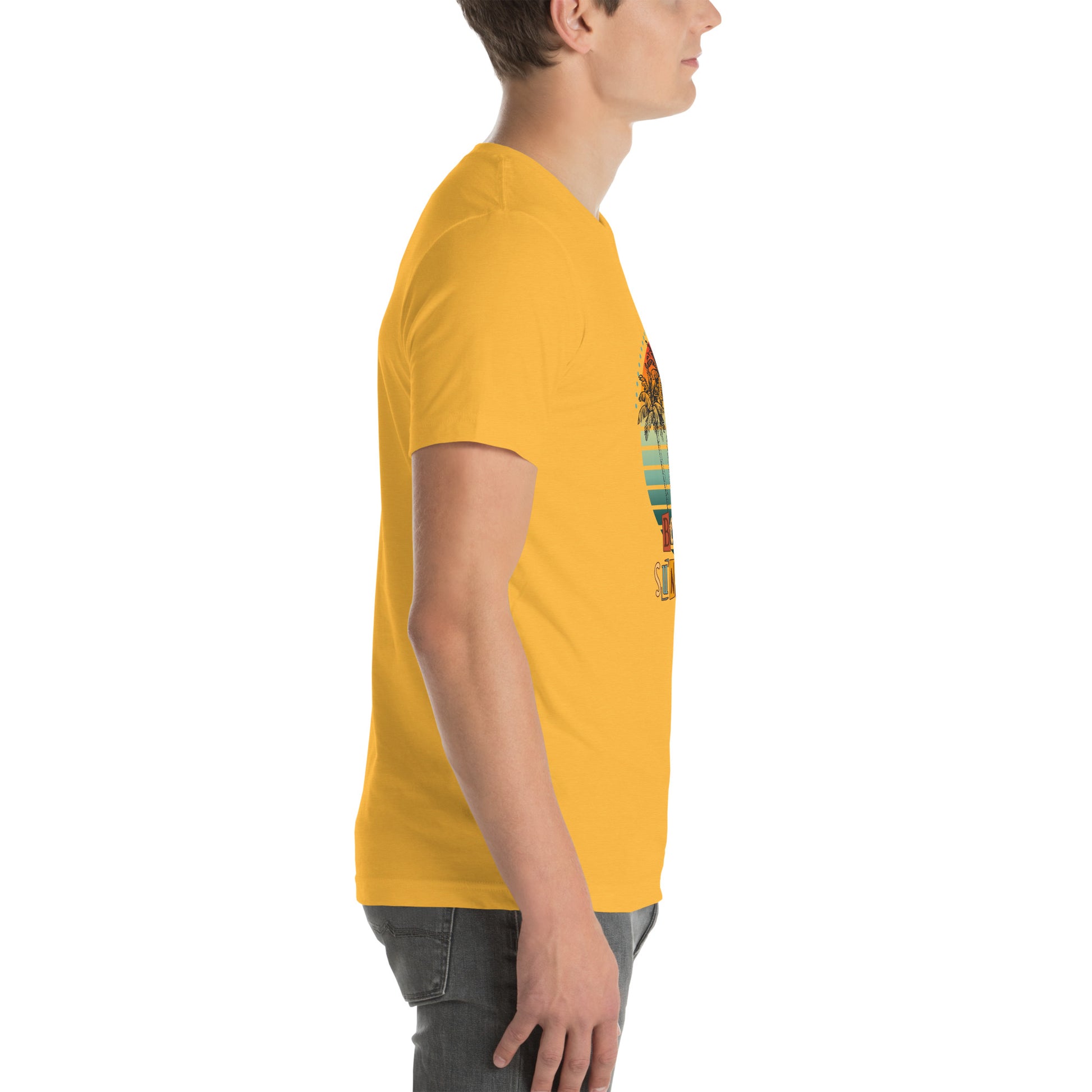 Solara T-Shirt product image 98 in Heather Ice Blue, size L, with right-side angle and design placement.