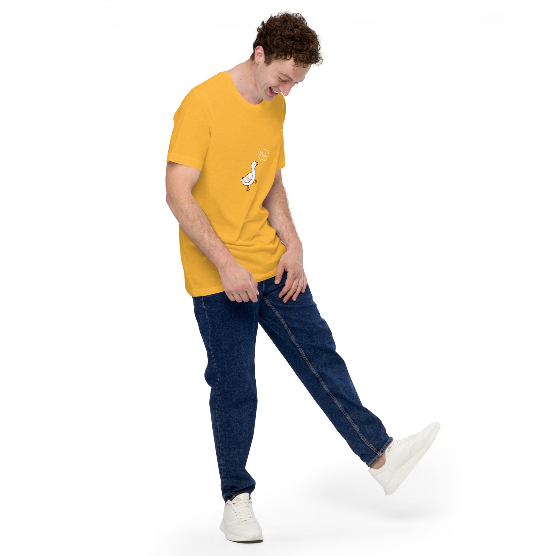 Quacksy T-Shirt by R.A. Apparel, image 83, front view, right-side angle, Heather Yellow Gold, size L, design placement.