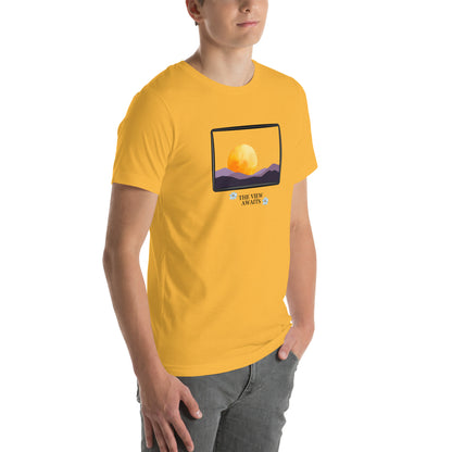 Image 100 of White Avenor T-Shirt, size 2XL, with The View Awaits artwork visible in front view, right-side angle.