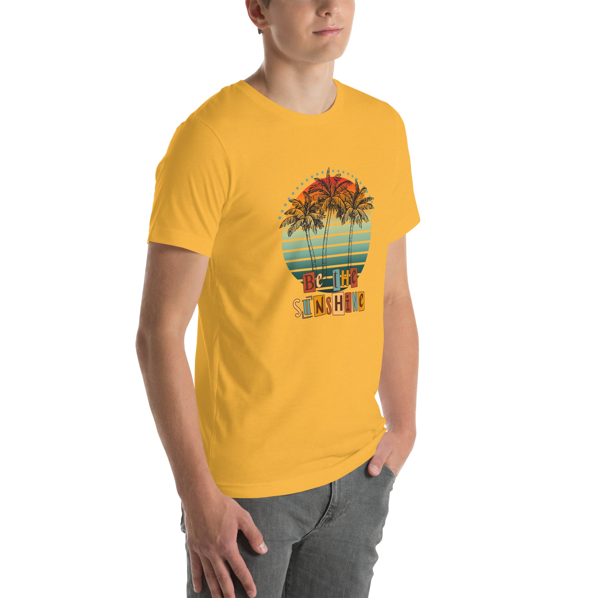Solara T-Shirt image 100 in Heather Ice Blue, size 2XL, showing front view, right-side angle for the Be the Sunshine design.