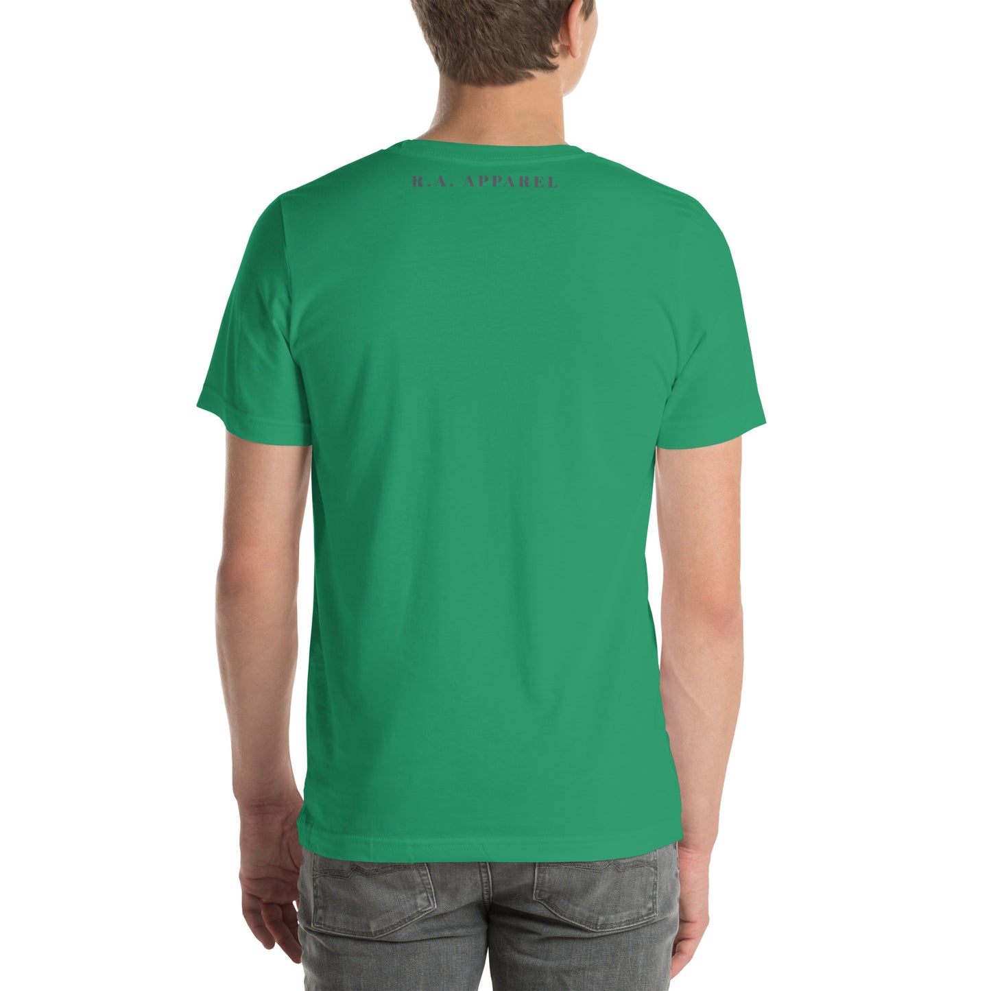 Avenor T-Shirt by R.A. Apparel, image 74, back view, Heather Columbia Blue, size XL, design placement.