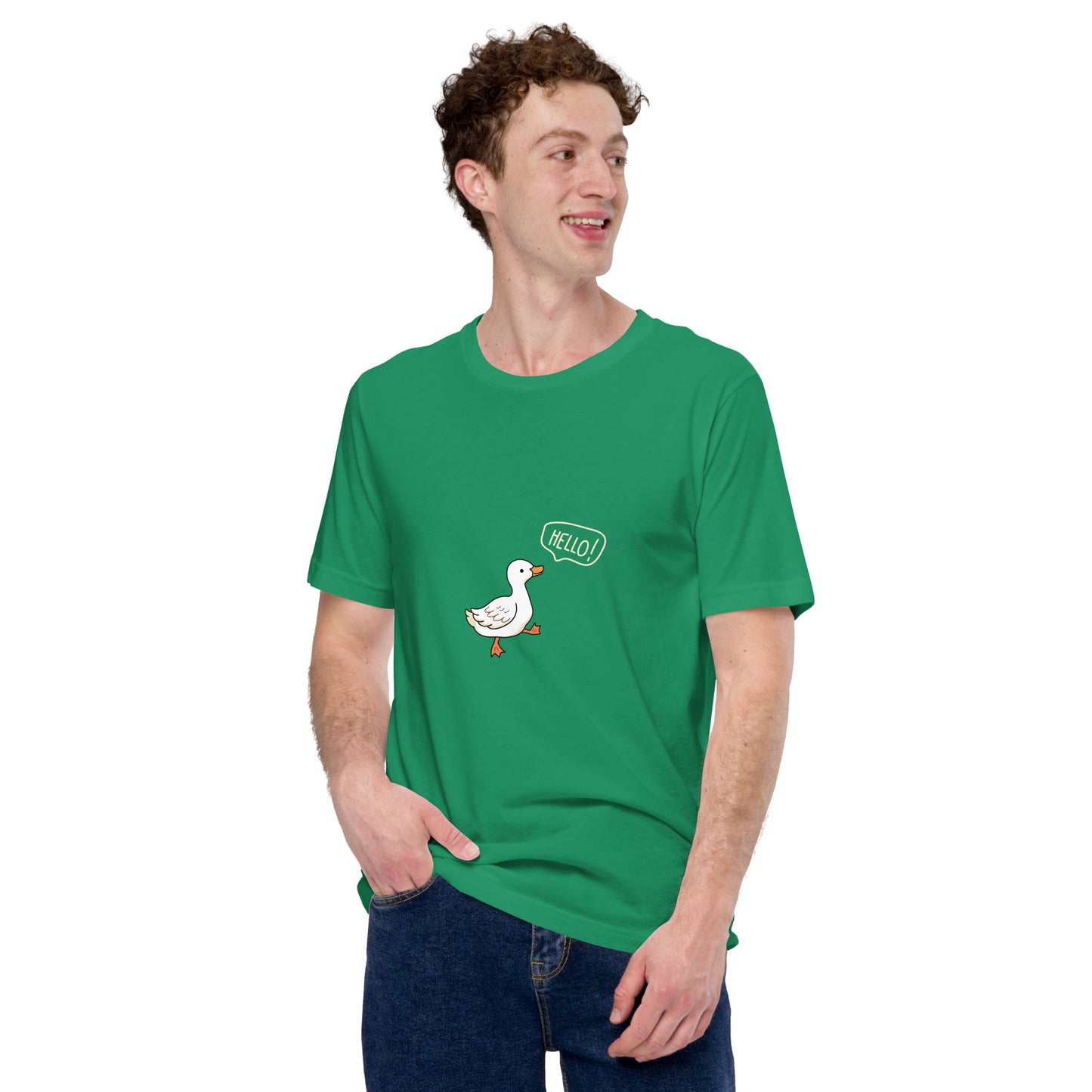 Quacksy T-Shirt image 56 in Kelly, size S, showing front view for the Hello Duck design.