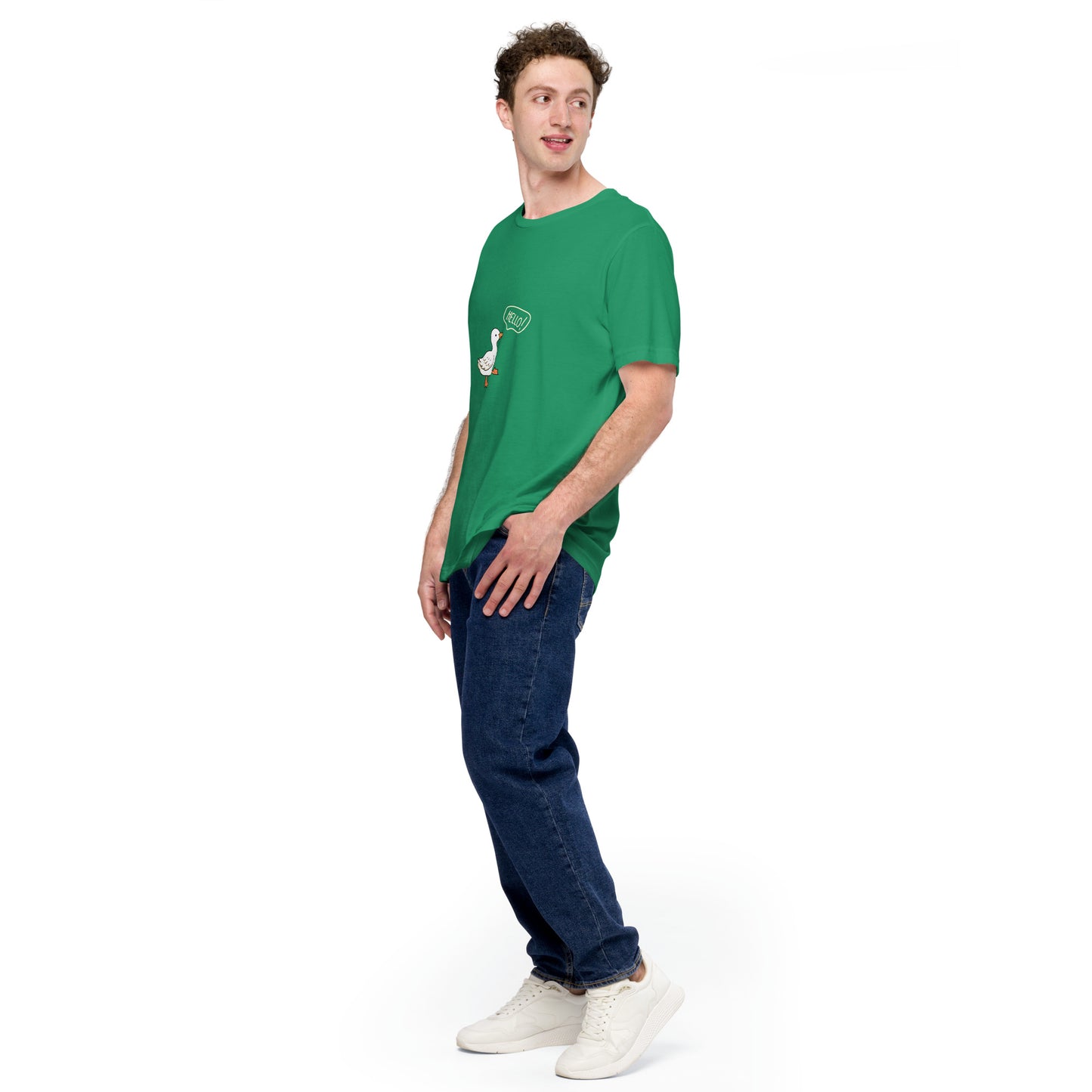 Quacksy T-Shirt image 58: Kelly version, size L with front view, left-side angle of the Hello Duck range.