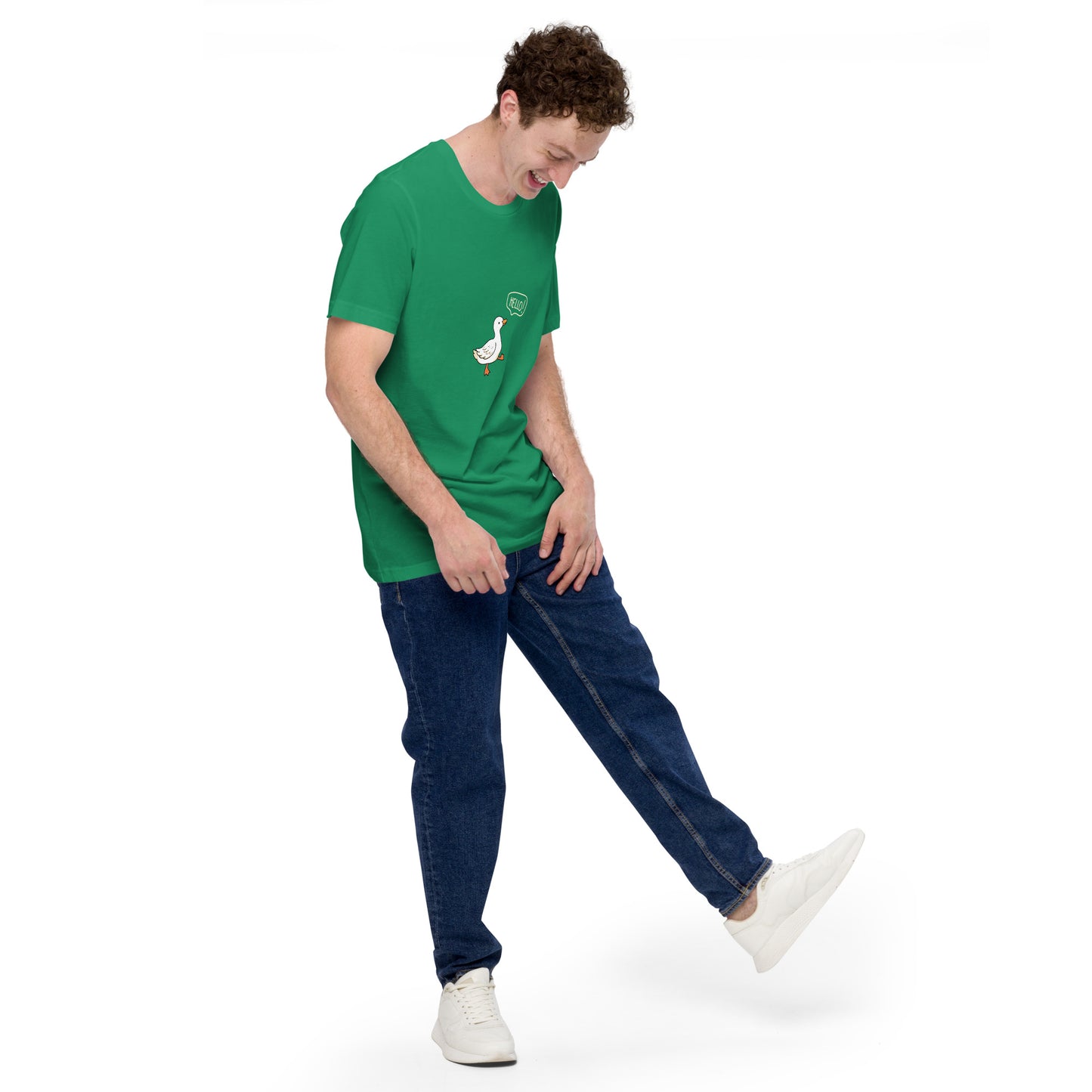 Quacksy T-Shirt product image 57 in Kelly, size M, with front view, right-side angle and design placement.