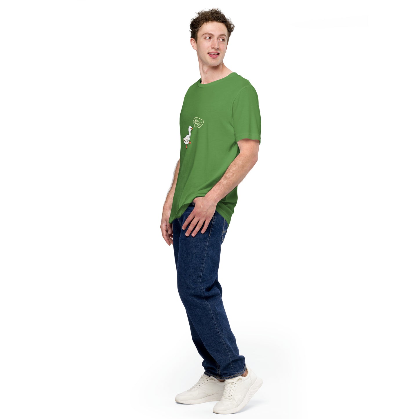 Quacksy T-Shirt image 63: Leaf version, size L with front view, left-side angle of the Hello Duck range.