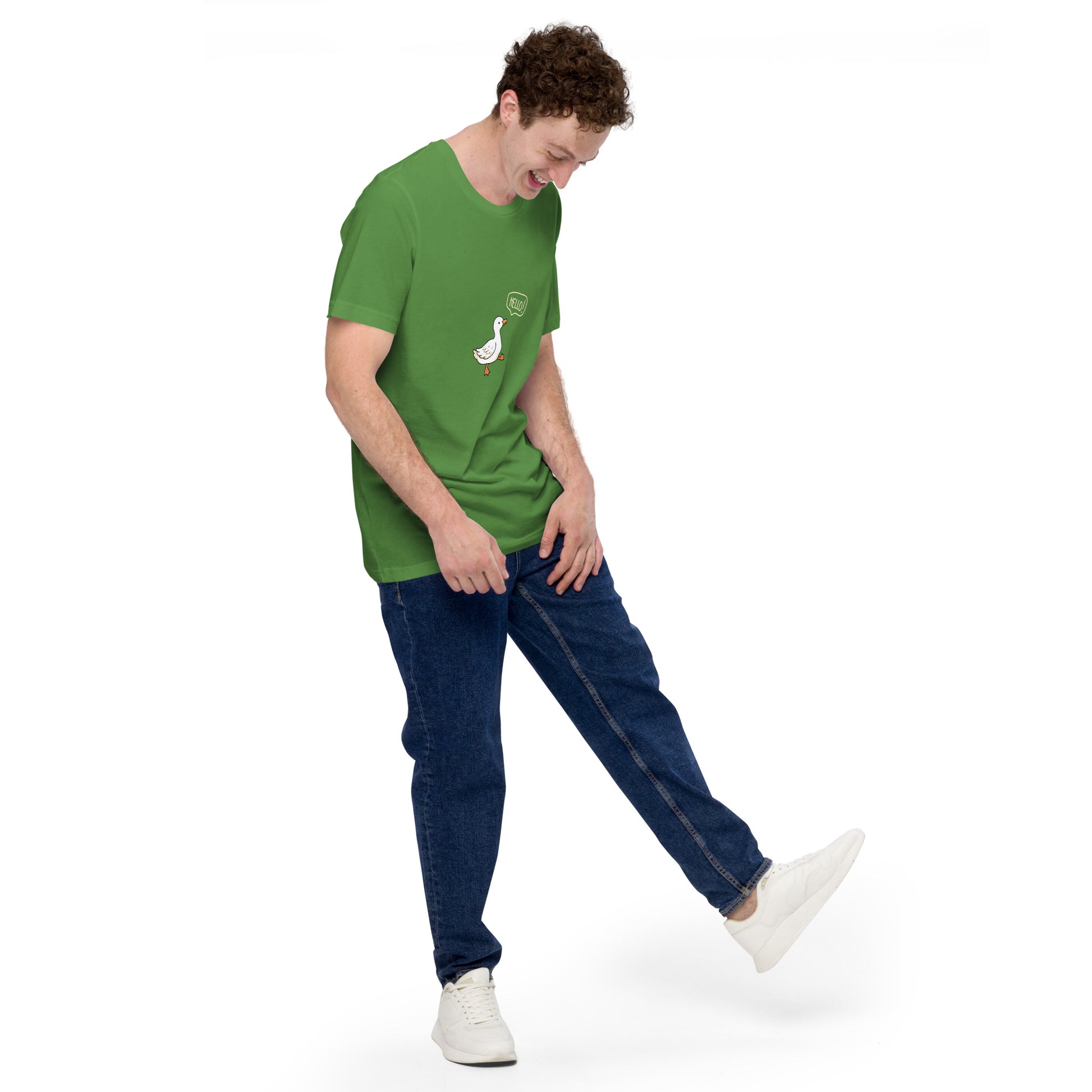 Image 62 of Leaf Quacksy T-Shirt, size M, with Hello Duck artwork visible in front view, right-side angle.