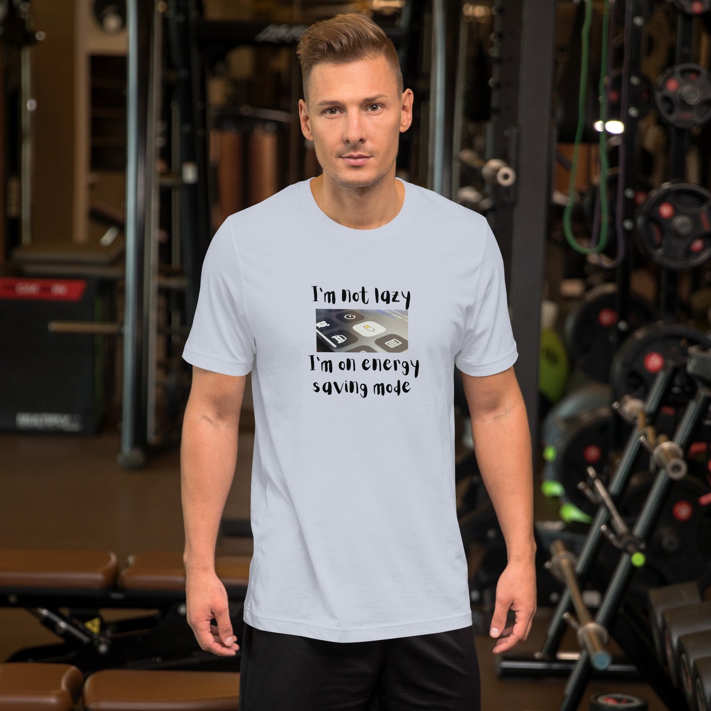 Image 2 of Light Blue Low Power T-Shirt - Left Placement, size S, with Energy Saving artwork visible in front view.
