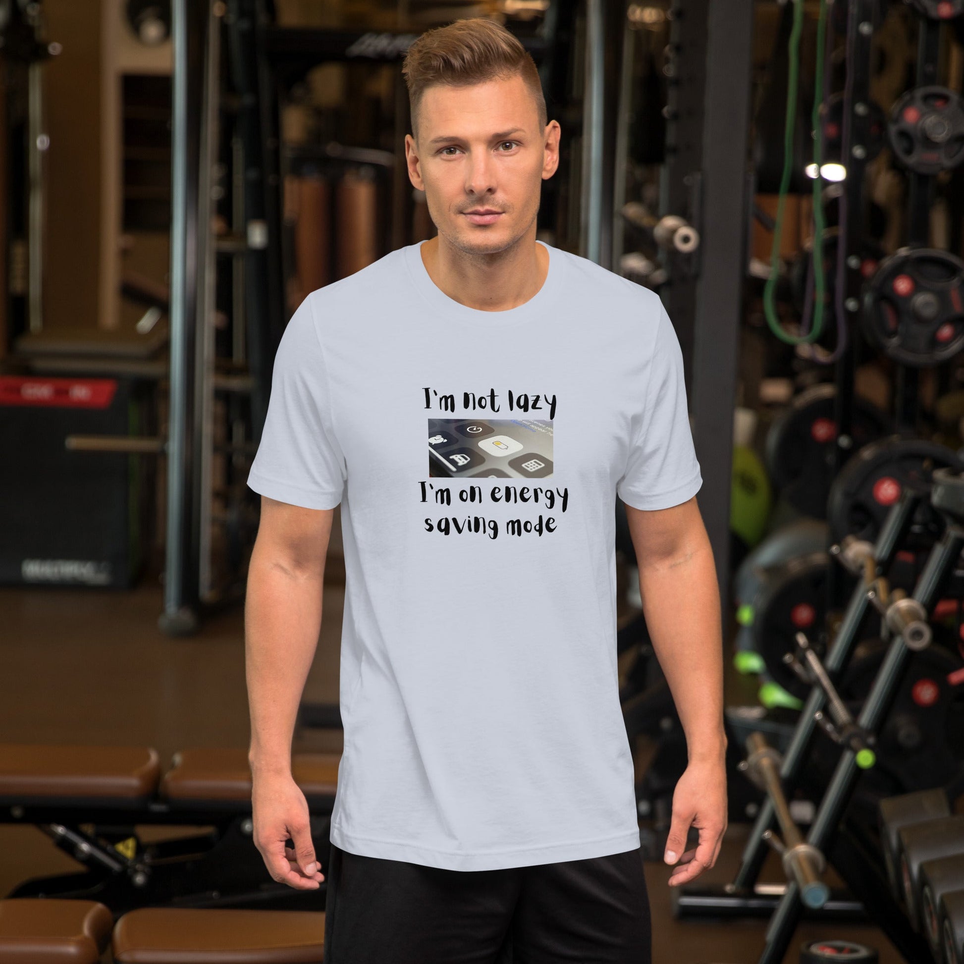 Image 2 of Light Blue Low Power T-Shirt - Left Placement, size S, with Energy Saving artwork visible in front view.