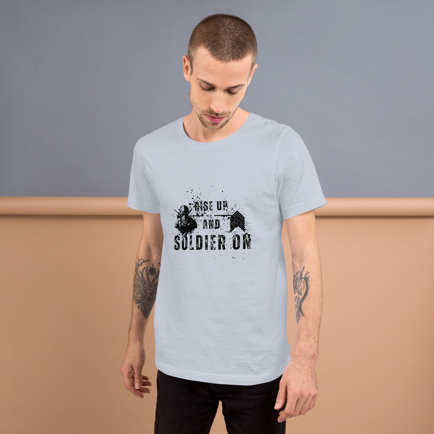 Image 9 of Athletic Heather Fortitude T-Shirt - Left Placement 75, size XL, with Soldier On artwork visible in front view.