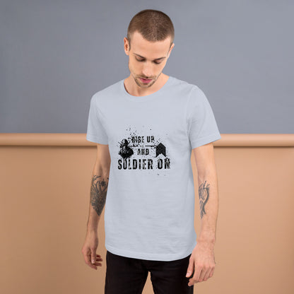 Image 9 of Athletic Heather Fortitude T-Shirt - Left Placement 75, size XL, with Soldier On artwork visible in front view.