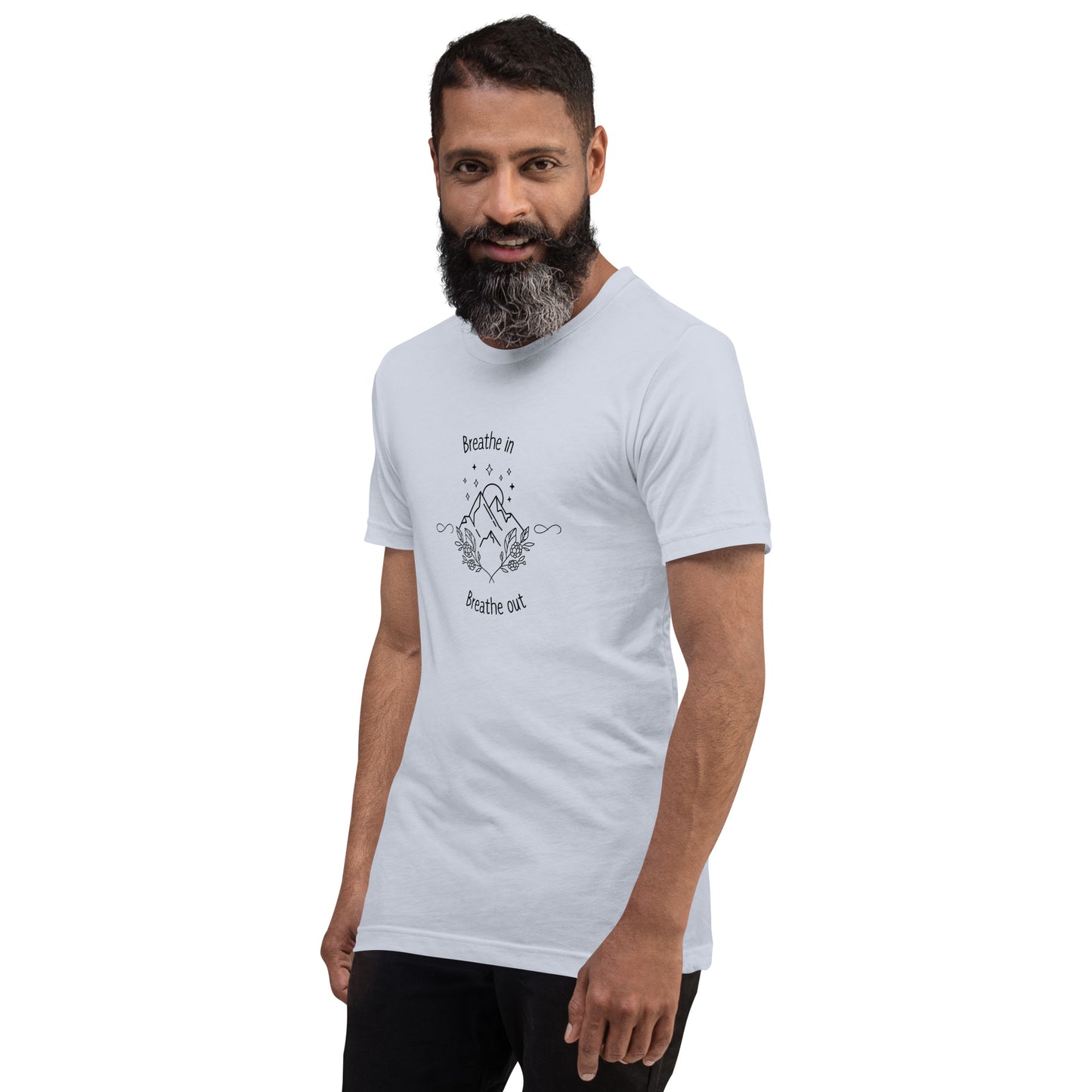 Exhale T-Shirt - Left Placement image 3: Pink version, size L with front view, left-side angle of the Breathe in and Breathe Out range.