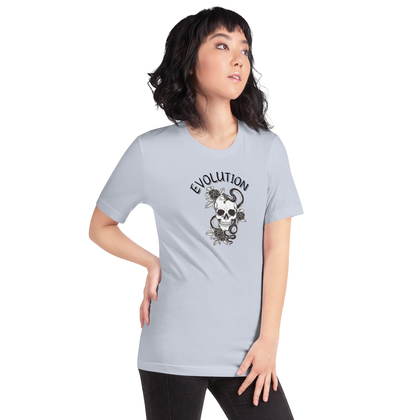 Evolution T-Shirt - Left Placement product image 8 in Athletic Heather, size L, with front view, right-side angle and left placement.