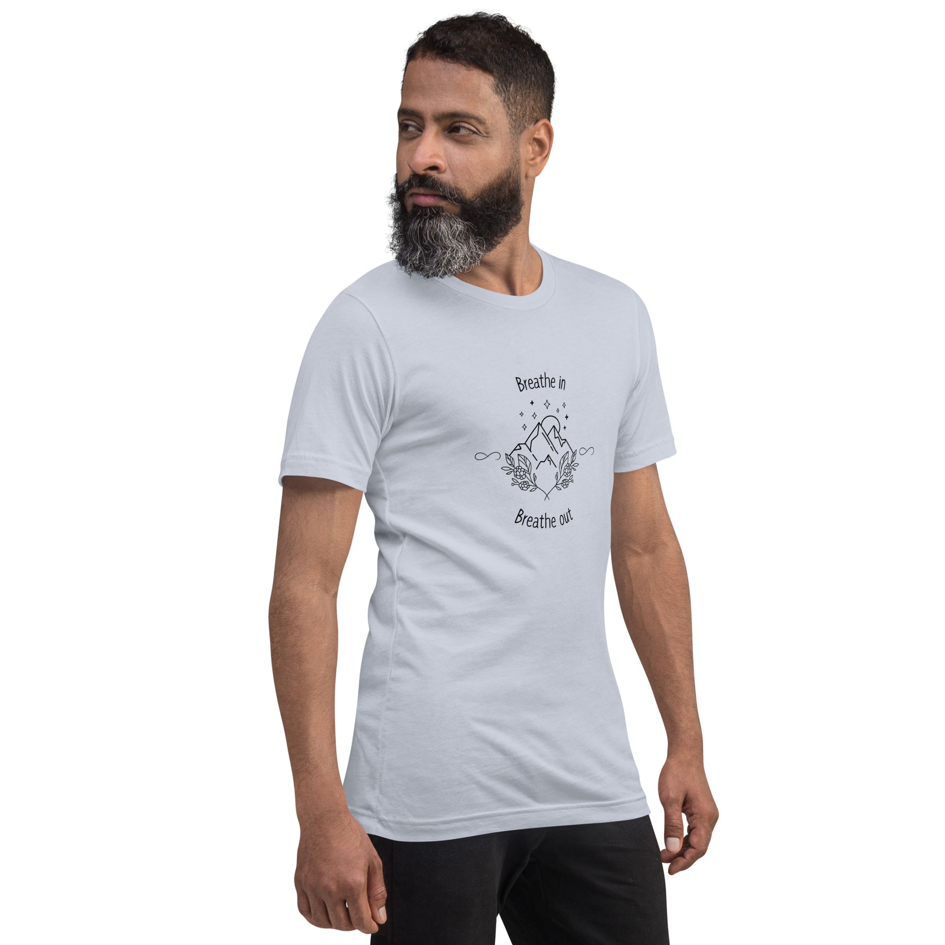 Exhale T-Shirt - Left Placement image 4 in Pink, size XL, showing front view, right-side angle for the Breathe in and Breathe Out design.