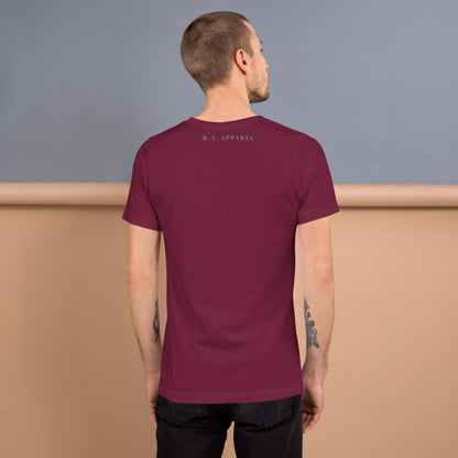 Equinoxe T-Shirt by R.A. Apparel, image 18, back view, Cardinal, size L, design placement.